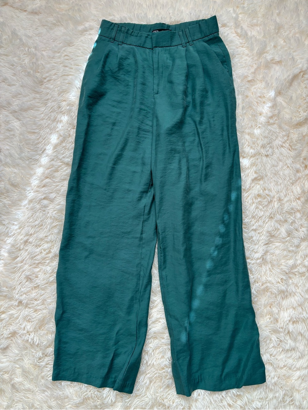 Zara Wide Leg Pleated Satin Trousers Green Women’s L High Rise Career